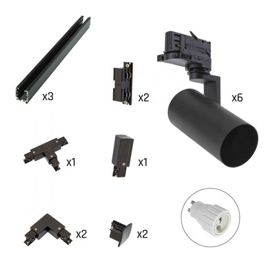 Spectrum LED Schienensystem Set Madara Mini 6x GU10 Spots mit 3-Phasen Schienen Schwarz IP20 Aluminium