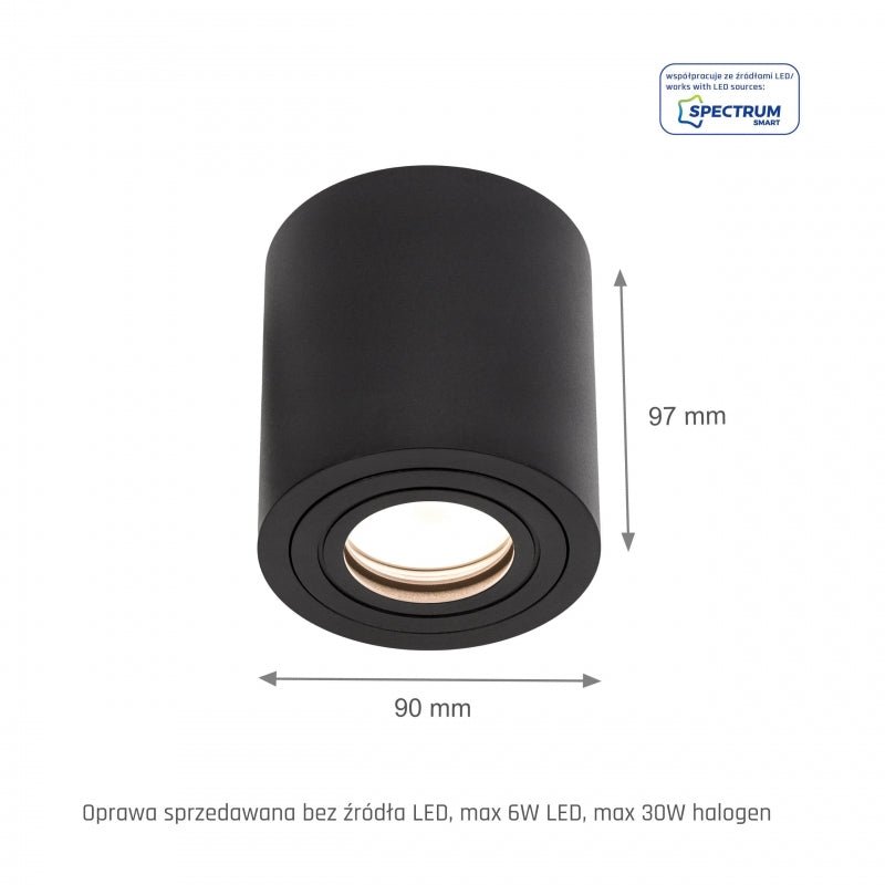 Spectrum CHLOE GU10 IP65 ronde zwarte LED-spot voor binnengebruik, aluminium behuizing, 250V, 17000 lumen, oppervlakmontage