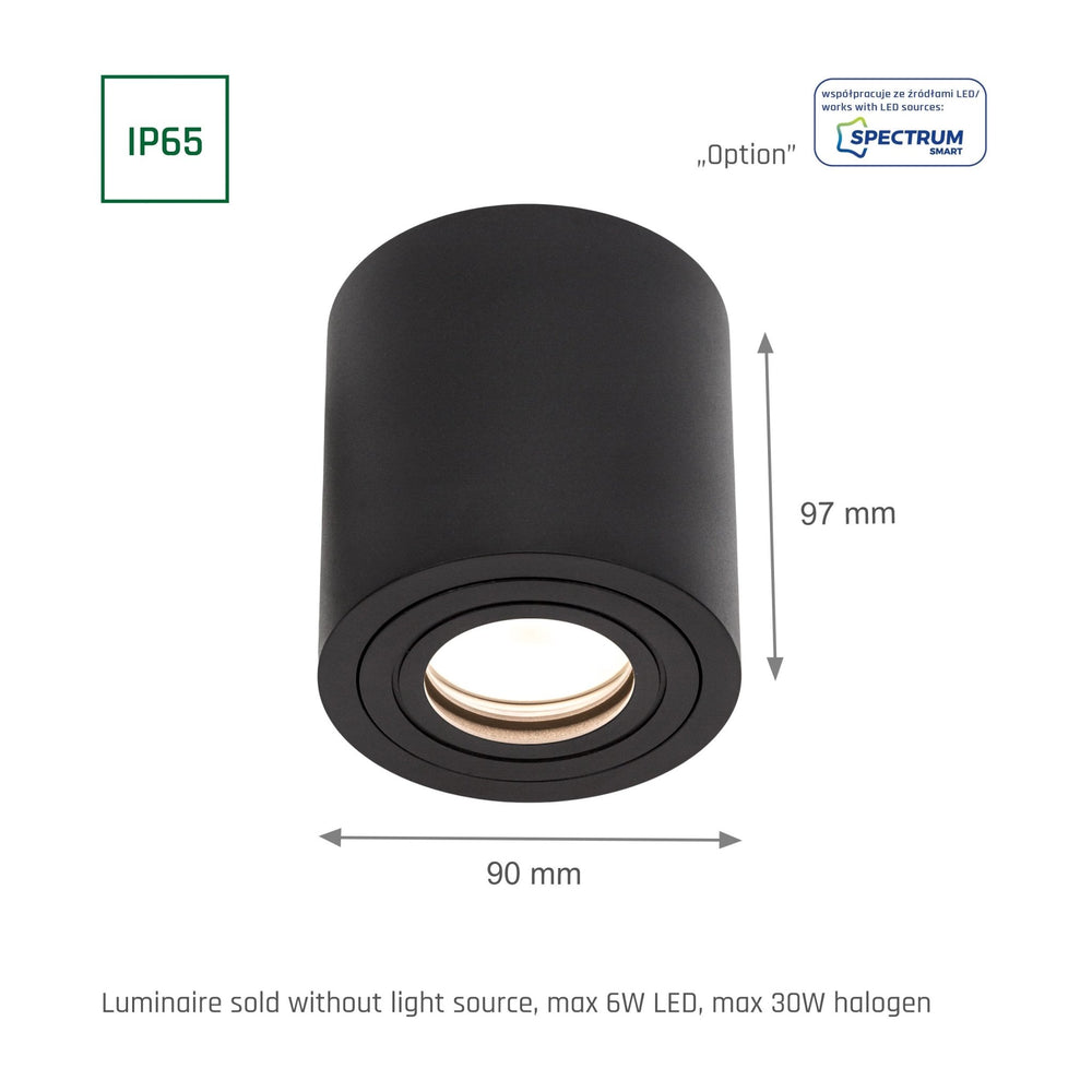 Spectrum CHLOE GU10 IP65 ronde zwarte LED-spot voor binnengebruik, aluminium behuizing, 250V, 17000 lumen, oppervlakmontage