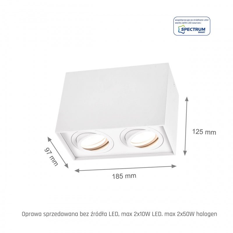 Spectrum verstelbare GU10 spot rechthoekig wit, IP20 binnen, aluminium behuizing, 250V, 17000h levensduur