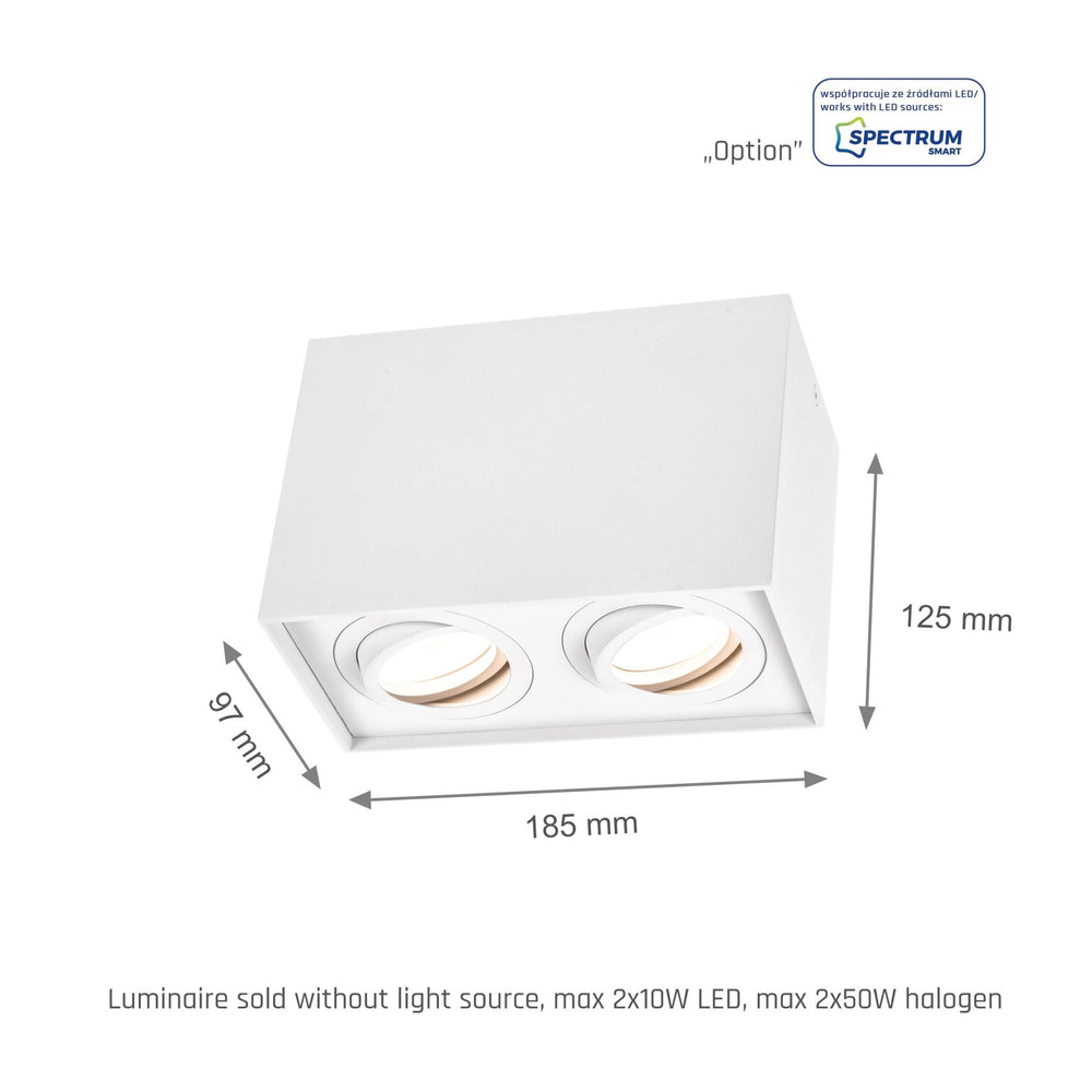 Spectrum verstelbare GU10 spot rechthoekig wit, IP20 binnen, aluminium behuizing, 250V, 17000h levensduur