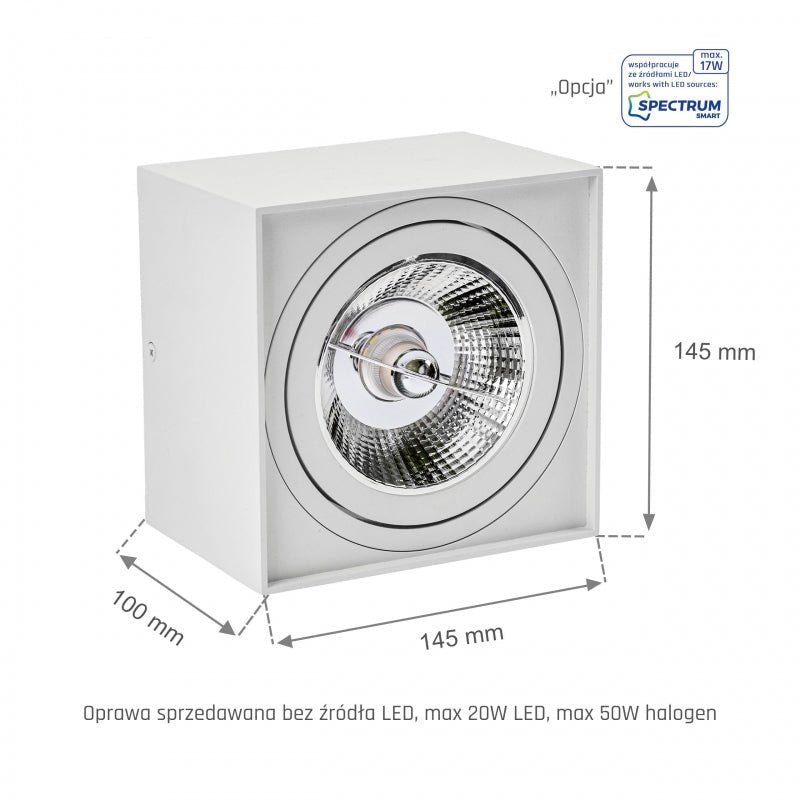 Spectrum CHLOE AR111 GU10 vierkante LED spot, IP20, wit, aluminium behuizing, 250V, binnengebruik, lange levensduur
