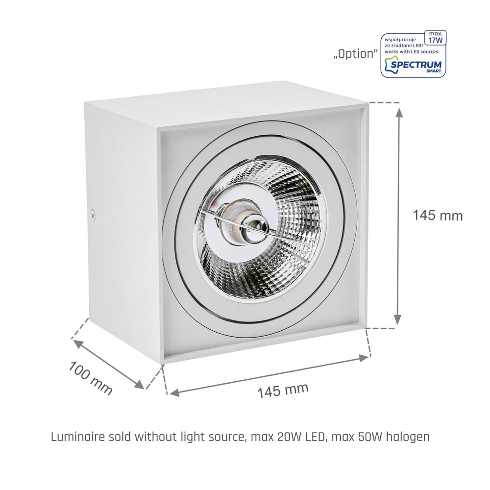 Spectrum CHLOE AR111 GU10 vierkante LED spot, IP20, wit, aluminium behuizing, 250V, binnengebruik, lange levensduur
