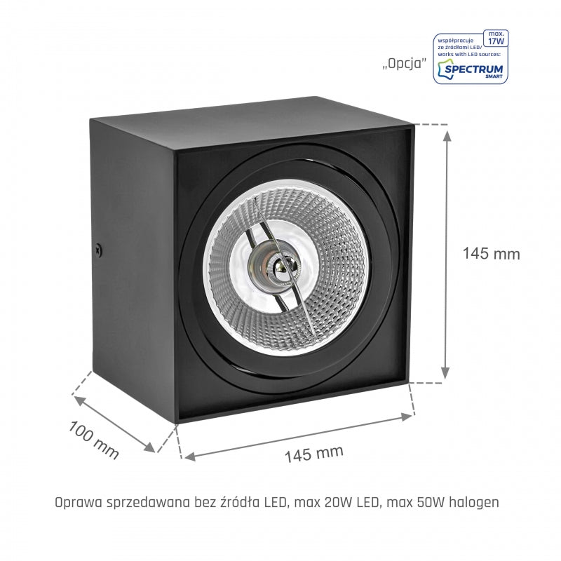 Spectrum chloe AR111 GU10 led spot zwart 4000K vierkant IP20 - aluminium plafondmontage