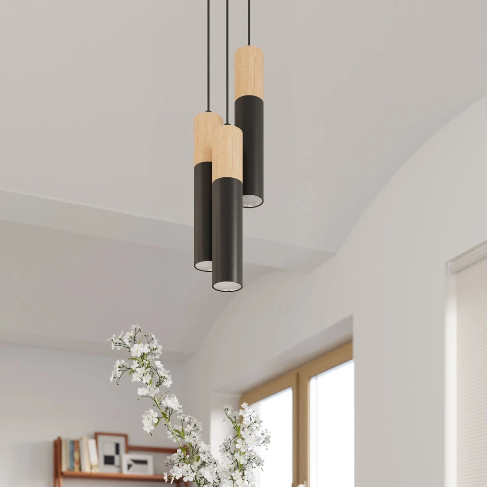 Sollux Lighting Pablo 3 Lampada a Sospensione, 3xGU10, 230V, IP20, Nero e Legno Naturale