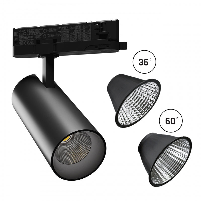 Spectrum ANDROMEDA Spot LED sur rail 15-27W 4000K 3200 lumens CRI>90 36°/60° Noir 3-Phases IP20
