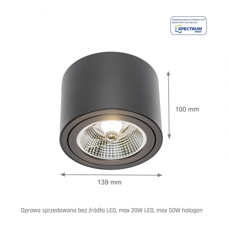 Spectrum CHLOE AR111 GU10 LED taklampa, IP20, rund justerbar svart aluminiumhölje, 20W max 250V