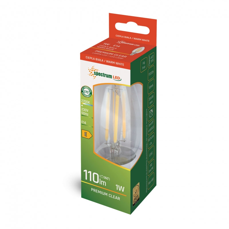 Spectrum LED Kerze C35 E14 230V 1W COG 2700K Warmweiß Klarglas 110 Lumen Nicht dimmbar Innenbereich