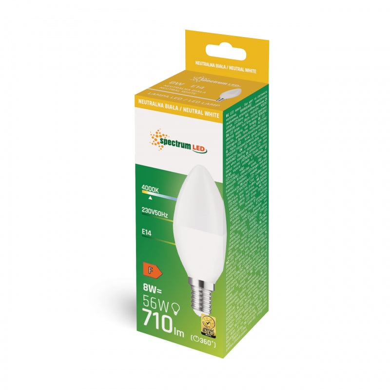 Spectrum LED Bougie C37 E14 230V 8W 4000K Blanc Neutre 710 lumens Faisceau 160° Non-dimmable Ampoule Intérieure