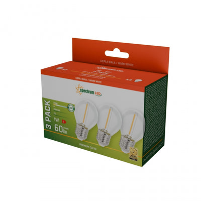Lampadina Spectrum LED E27 1W 230V 2700K Bianco Caldo Vetro Trasparente 60 lumen Fascio 300° Confezione da 3