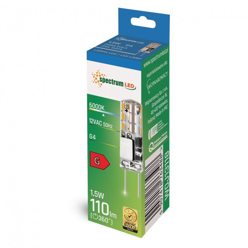 Spectrum LED G4 Lampe 12V 1.5W 6000K kaltweiß 110 Lumen Silikonabdeckung 270° Abstrahlwinkel nicht dimmbar