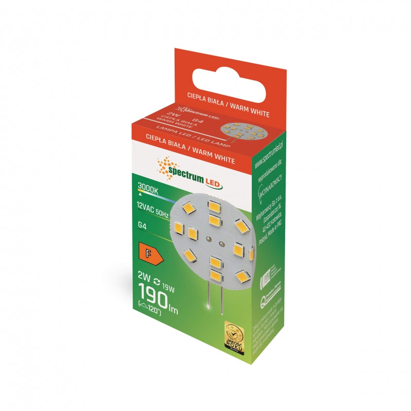 Spectrum LED G4 lampa 12V 2W 190 lumen Varmvit 3000K 120° spridning CRI 80 ej dimbar 30mm