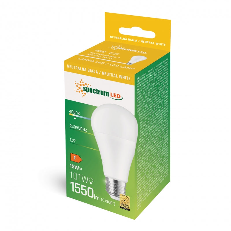 Bombilla LED Spectrum GLS A65 E27 230V 15W 4000K Blanco Neutro 1550 lúmenes Haz 270°