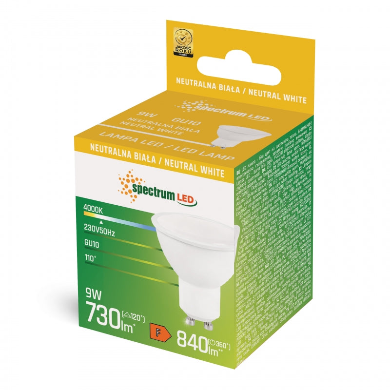 Lampadina Spectrum LED GU10 230V 9W Bianco Neutro 4000K con Copertura Opalina 730 lumen Corpo Bianco