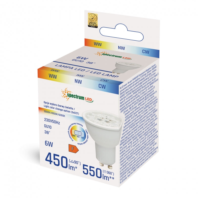 Spectrum LED GU10 Lampe 230V 6W CCT 6000K 550 Lumen 38° Abstrahlwinkel Weißes Gehäuse CRI 80 Nicht dimmbar