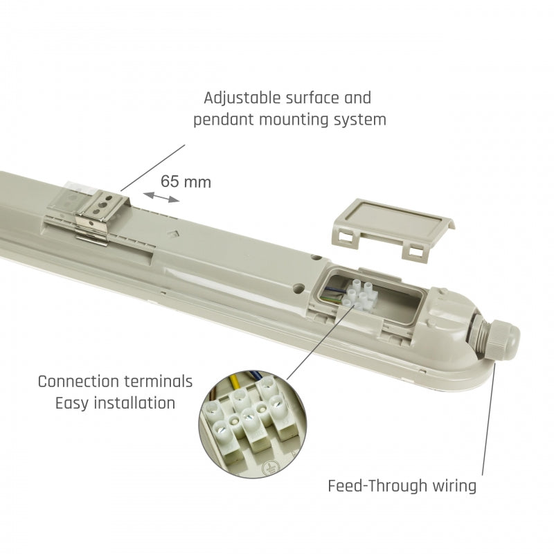Spectrum LED LIMEA GIGANT Hermetisk 1200mm 38W 6000K 230V IP65 IK10 Kold Hvid Loft- eller Ophængt Lampe Grå