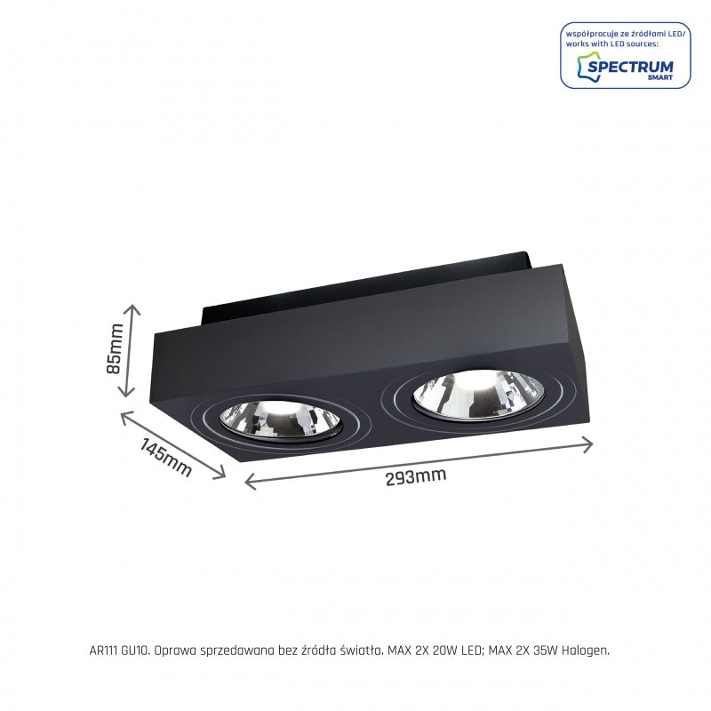 Spectrum MIRORA AR111 GU10 Aufbau-Spotlight, 2x20W LED, 250V IP20, schwarz verstellbare rechteckige Deckenhalterung