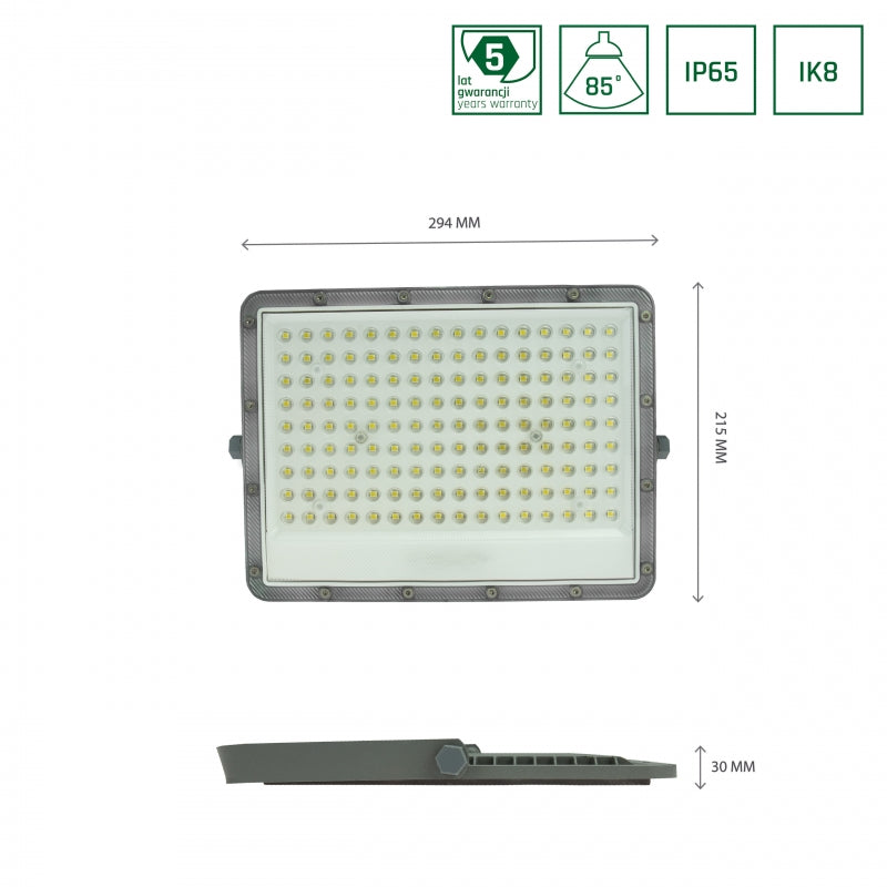 Spectrum NOCTIS MAX LED projektør 100W 6500K 8600 lumen 230V IP65 IK08 85° Grå udendørs belysning