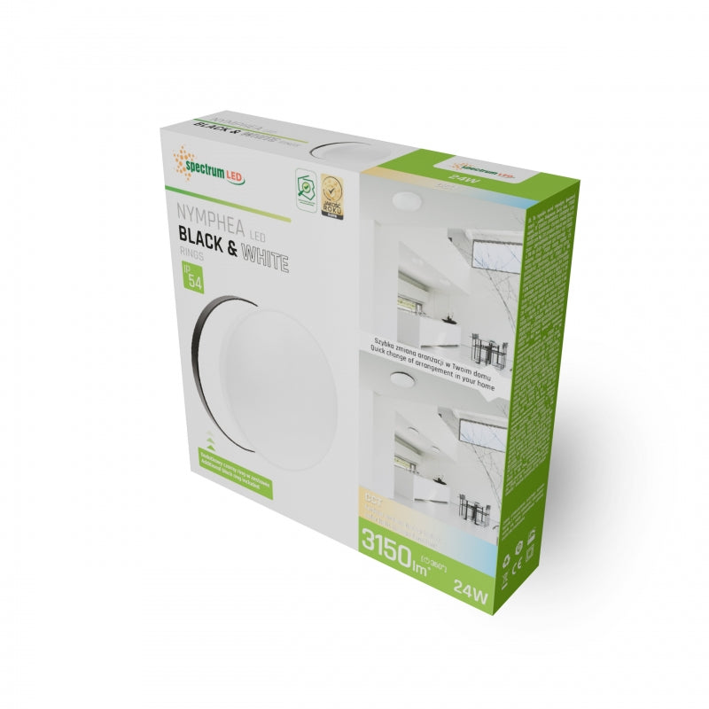 Spectrum NYMPHEA LED plafondlamp 24W CCT 230V 3150 lumen 115° IP54 CRI 80 Wit Zwart Rond Opbouw