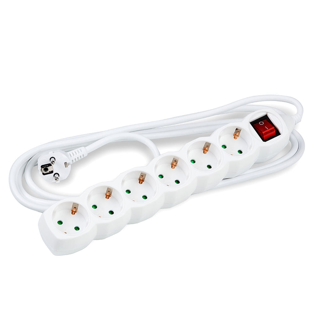 Technik 6-vägs grenuttag, 1,5m kopparkabel 1,5mm², 16A 250V, Vit med barnskydd