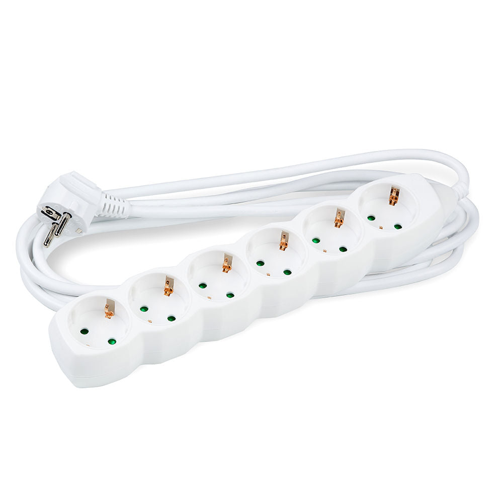 Technik grenuttag 6-vägs, 5m kopparkabel 1.5mm², 16A 250V, Vit med barnskydd