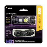 Linterna frontal Technik H31 con LED Osram P9, 800 lúmenes, 5 modos, recargable por USB-C, IPX4, Blanco