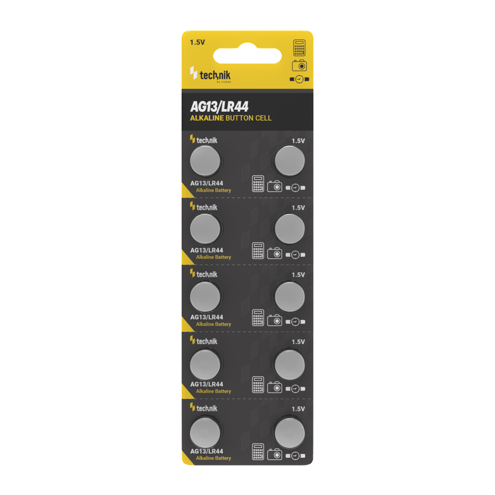Batería de botón alcalina Technik Platinum AG13 LR44 A76 357 1.5V 155mAh B10 Paquete de 10