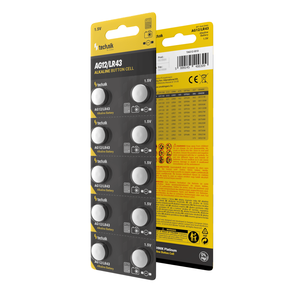 Technik Platinum Alkaline Button Cell AG12 LR43 186 386 1.5V B10 pack of 10 for watches and small devices
