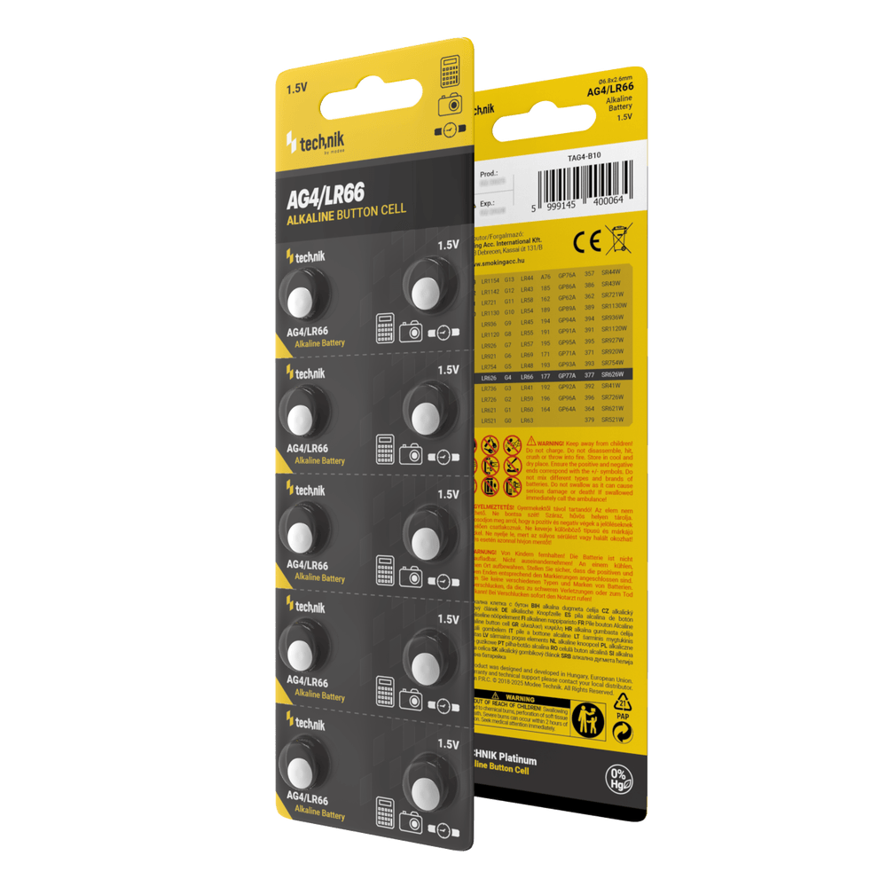 Technik Platinum Pila a Bottone Alcalina AG4 LR66 377 1.5V Batteria a Bottone 10 Confezione