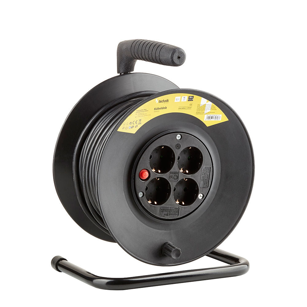 Technik Professionele Kabelhaspel 25m 1.5mm² 16A met 4 EU Stopcontacten en Schakelaar Zwart
