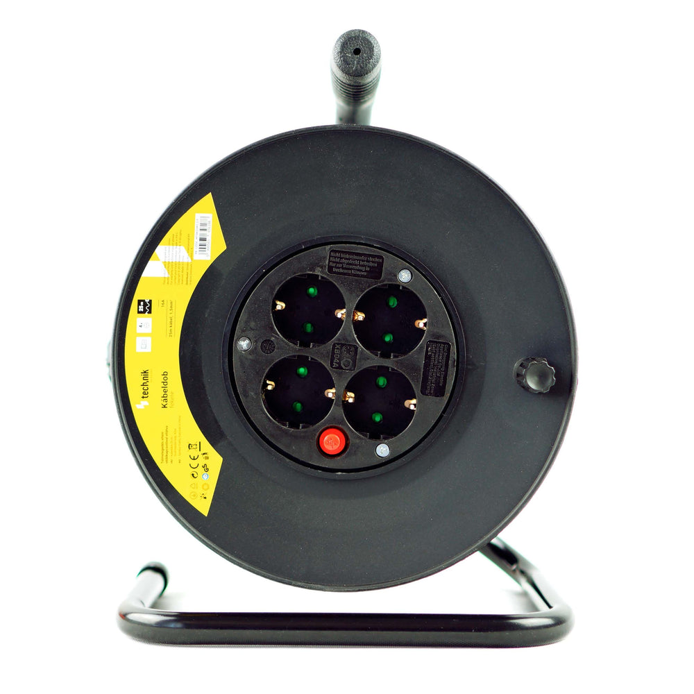 Technik Professionele Kabelhaspel 25m 1.5mm² 16A met 4 EU Stopcontacten en Schakelaar Zwart