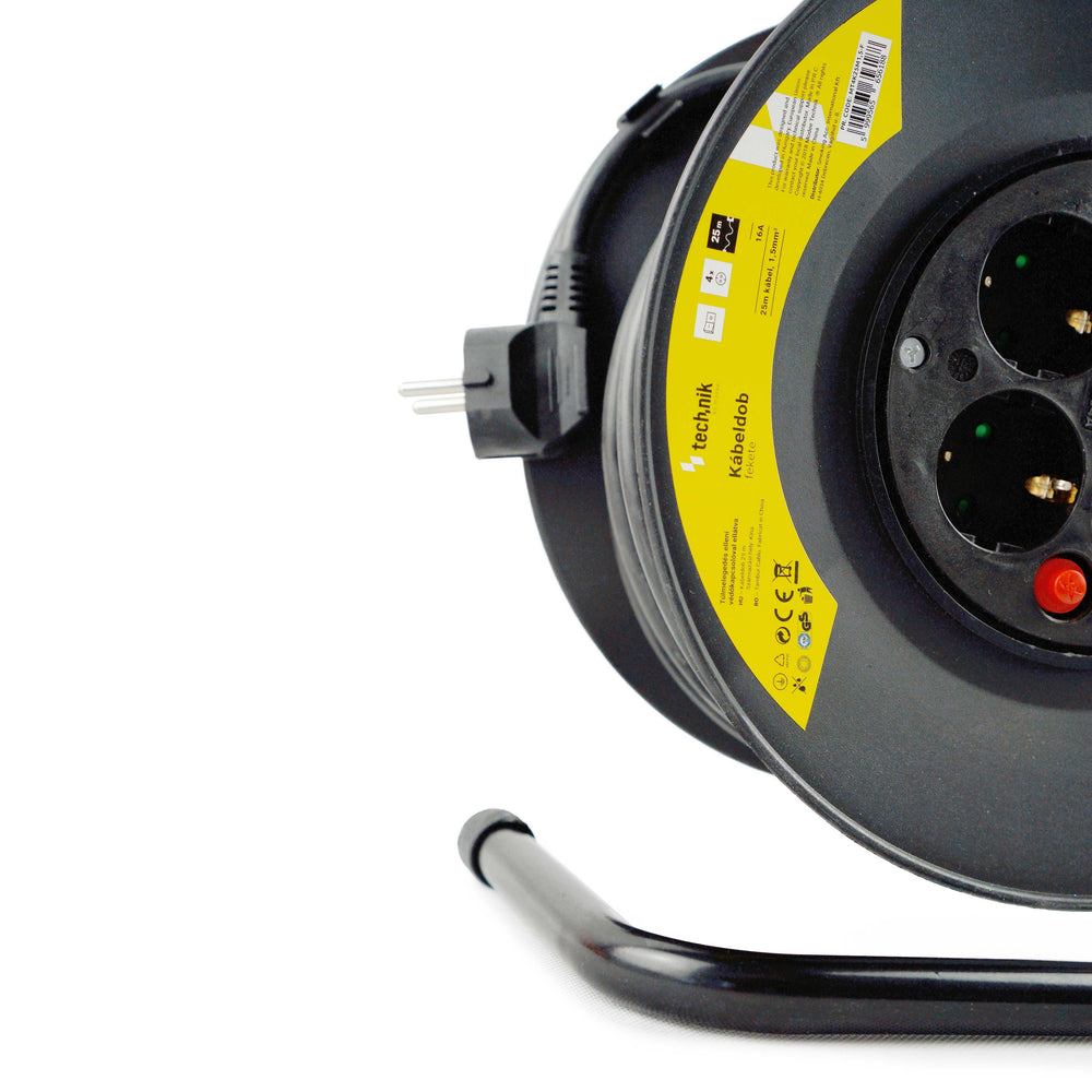Technik Professionele Kabelhaspel 25m 1.5mm² 16A met 4 EU Stopcontacten en Schakelaar Zwart