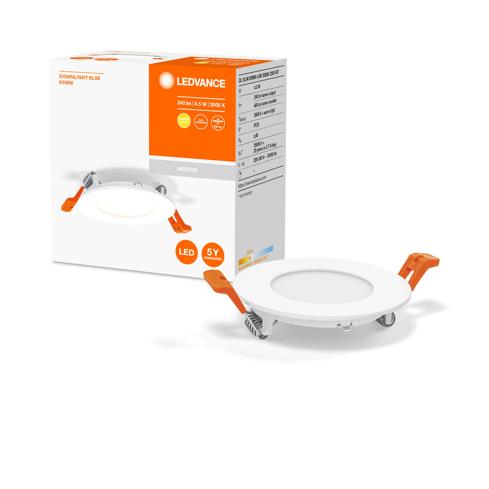 Ultra Slim LED Downlight Hvid 4.5W 240 lumen 3000K varm hvid 85mm hulmål 72mm 230V