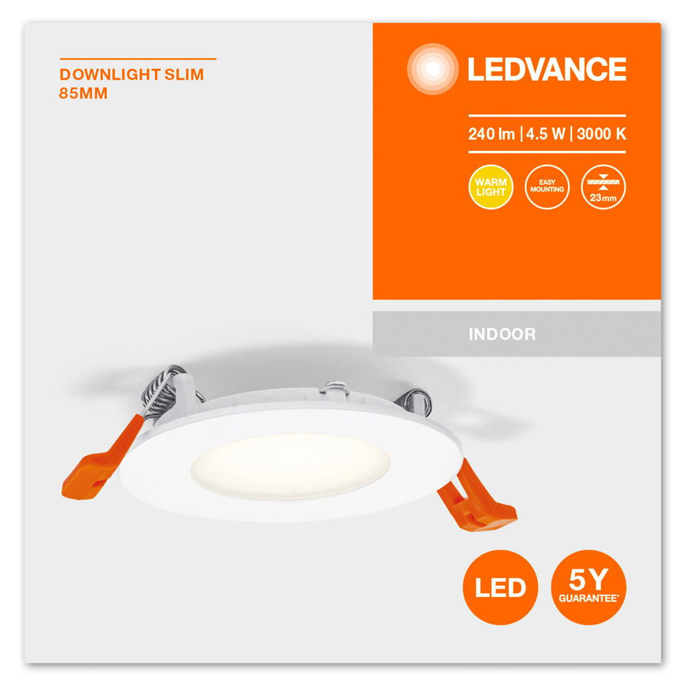 Ultra Slim LED Downlight Hvid 4.5W 240 lumen 3000K varm hvid 85mm hulmål 72mm 230V