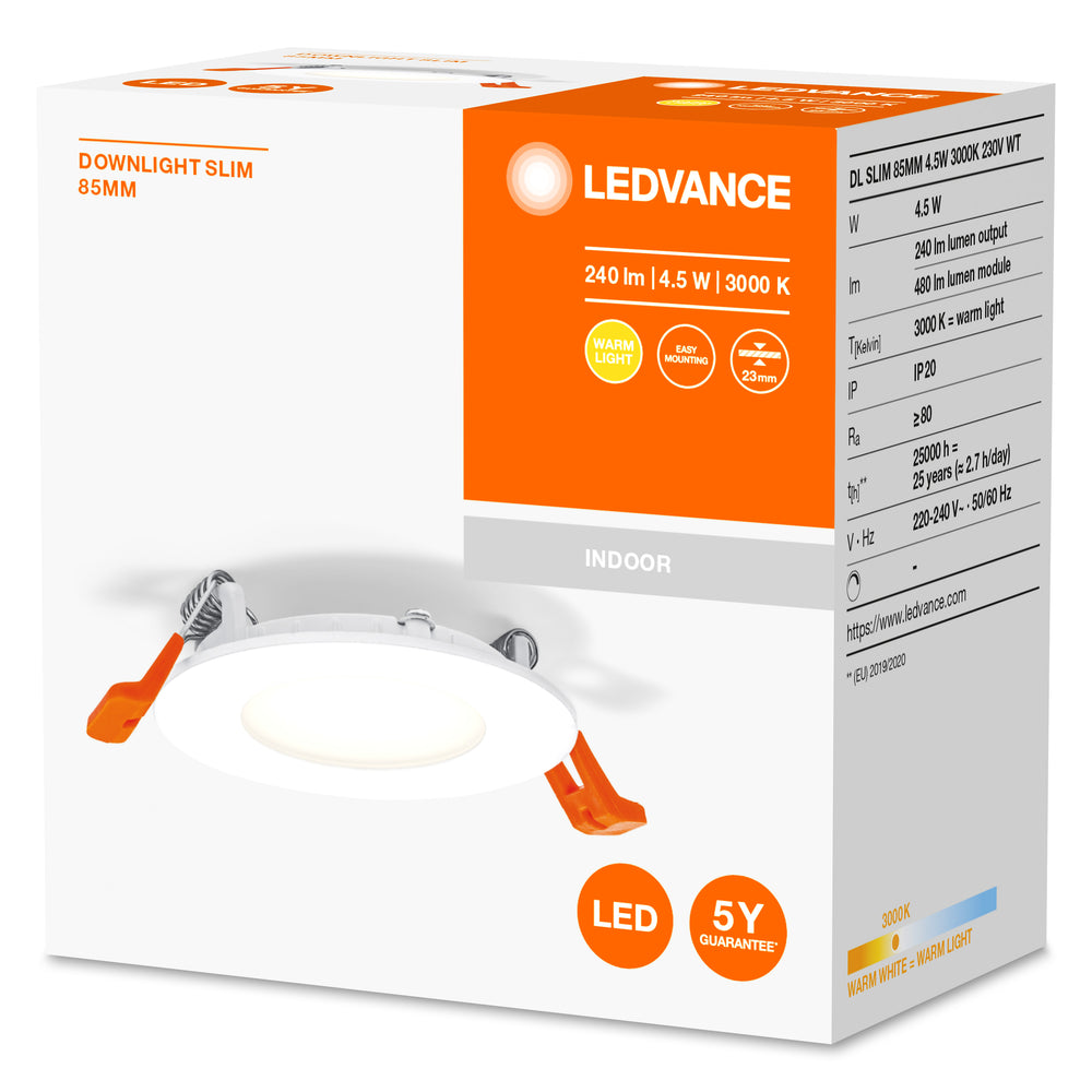 Ultra Slim LED Downlight Hvid 4.5W 240 lumen 3000K varm hvid 85mm hulmål 72mm 230V