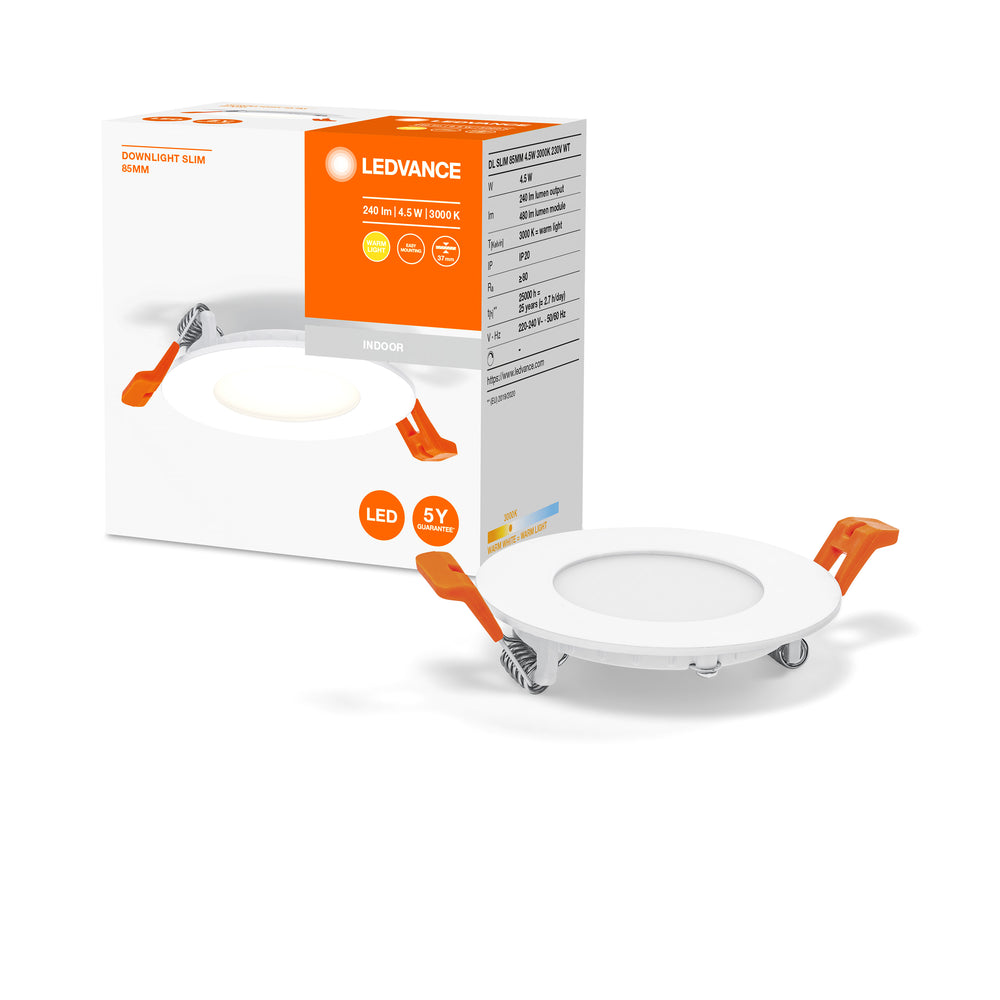 Ultra Slim LED Downlight Hvid 4.5W 240 lumen 3000K varm hvid 85mm hulmål 72mm 230V