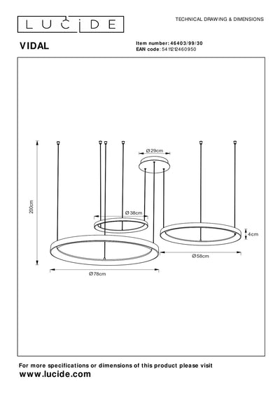 Lucide VIDAL LED hanglamp 78 cm zwart 120W 2700K dimbaar