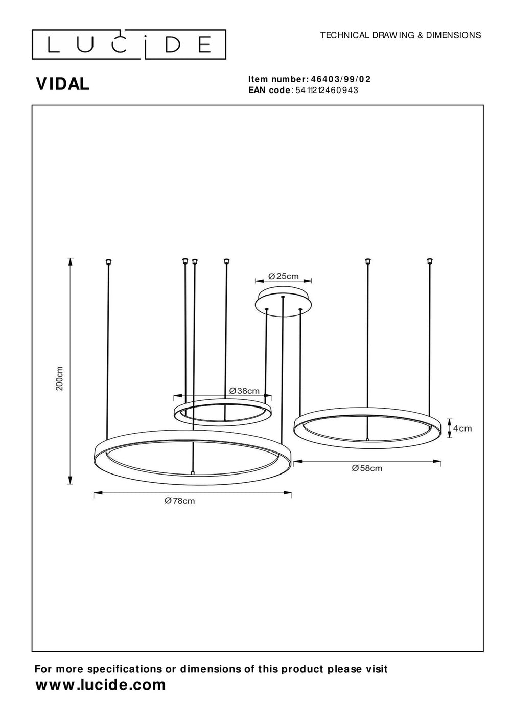 Lámpara colgante LED Lucide Vidal Ø78 cm 2700K oro mate
