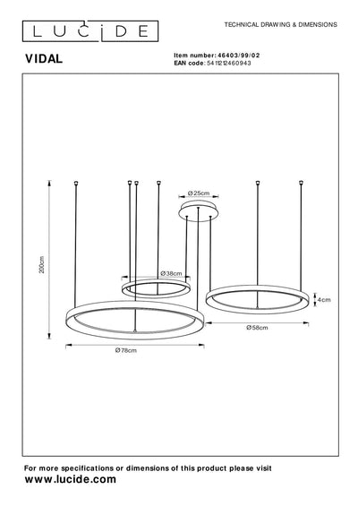 Lámpara colgante LED Lucide Vidal Ø78 cm 2700K oro mate