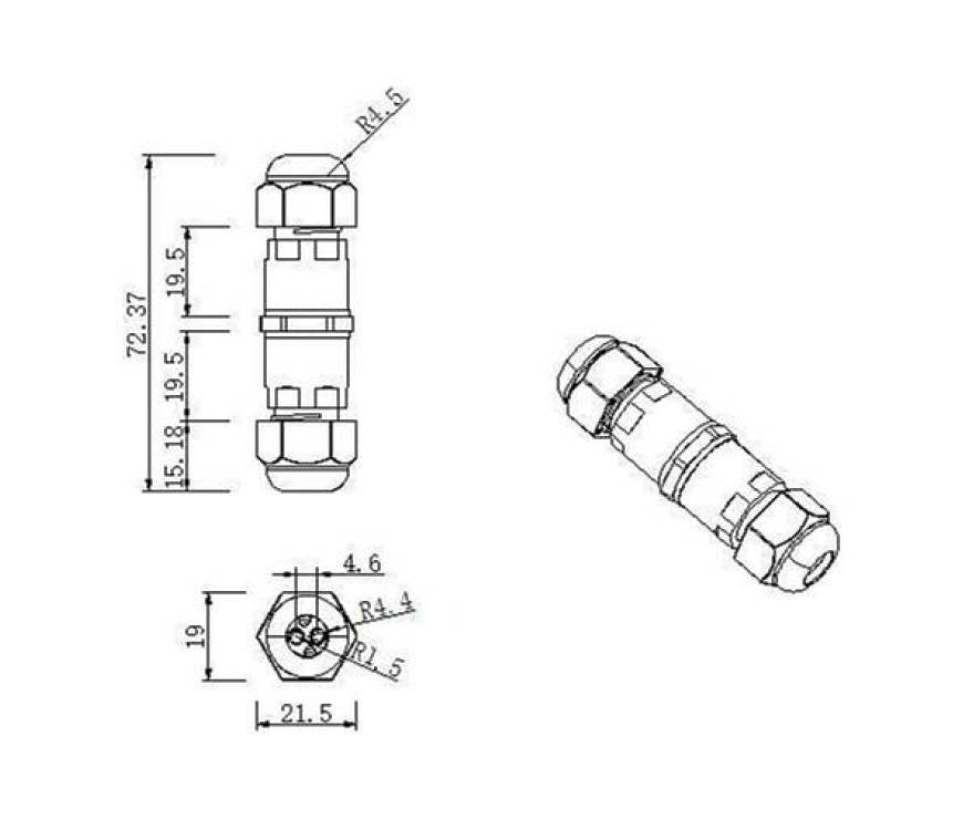 Connecteur de câble étanche LCB 3 pôles pour 0.5-1mm² 220-240V, IP68 extérieur, certifié CE RoHS