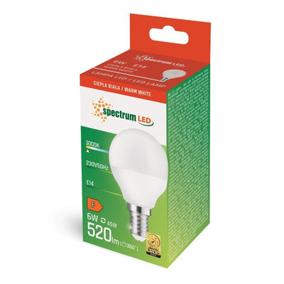 Spectrum led g45 e14 230v 6w warm wit, 520 useful lumens, 3000k, 160° lichtbundel, IP20, duurzame verlichting