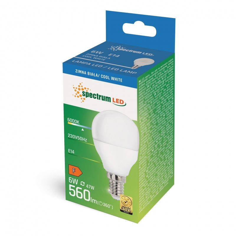 Spectrum LED bol G45 e-14 230V 6W 6000K, 560 useful lumens, koel wit licht, IP20, 160° stralingshoek, niet dimbaar
