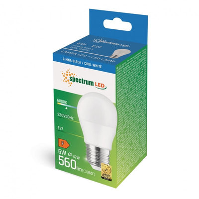 Spectrum LED kogellamp G45 E27 230V 6W koud wit licht 6000K 560 useful lumens IP20 niet dimbaar 17000u