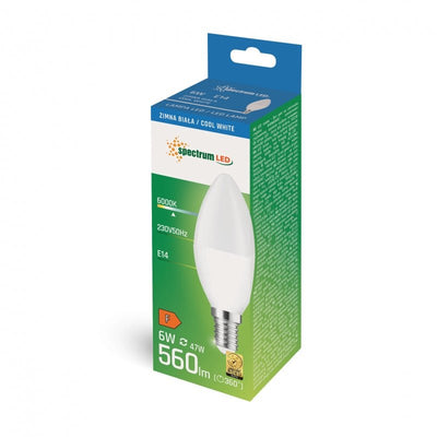 Spectrum LED kaarslamp C37 E14 6W, 230V, 6000K koud wit licht, 560 lumen, 160° stralingshoek, duurzaamheid 17000 uur