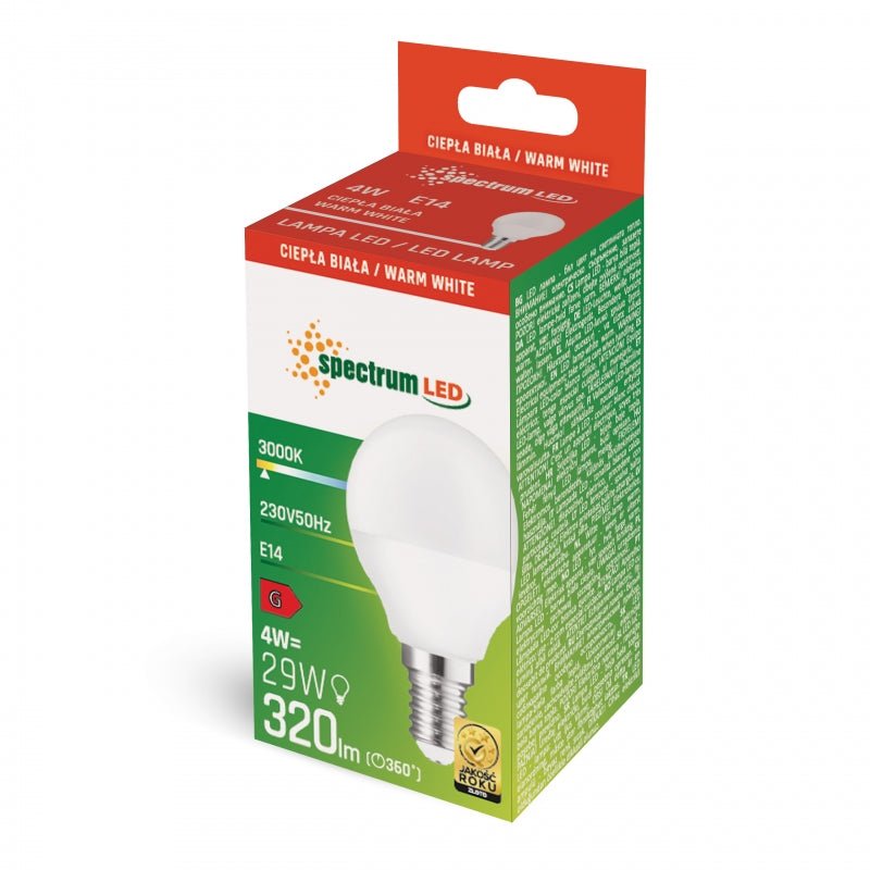 Spectrum LED bal G45 E14 230V 4W 3000K warm wit, 320 useful lumens, IP20, 160° stralingshoek, CRI 80, niet dimbaar