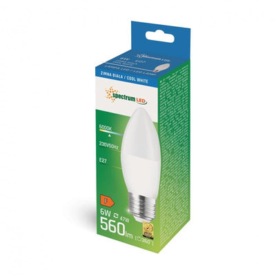Spectrum LED kaars C37 E27 230V 6W 6000K koud wit licht 560 lumen, 160° stralingshoek, niet dimbaar, 17000 uur levensduur