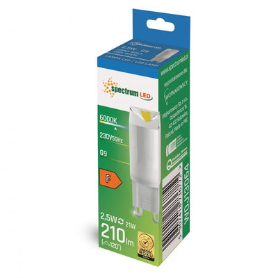 Spectrum LED lamp G9 2.5W 230V 6000K ceramic met 210 lumen, CRI 80, niet dimbaar, koud wit licht en 100° hoek