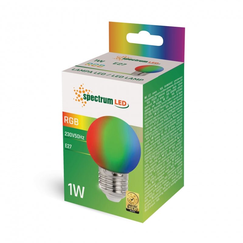Spectrum LED ball G45 E27 RGB lamp, 230V, 1W, 260° hoek, lange levensduur, 400 lumen, niet dimbaar, binnengebruik