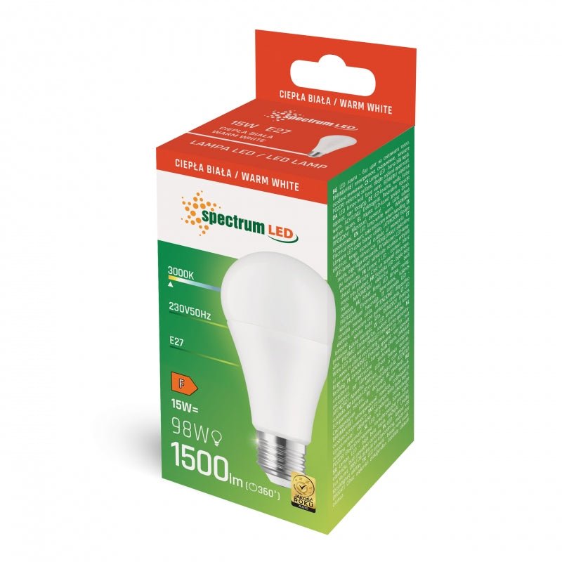 Spectrum LED lamp E27 15W 3000K warm wit met 1500 lumen en 270° lichtbundel voor binnengebruik