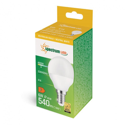 Spectrum LED Ball G45 E14 6W 4000K natuurlijk wit licht 540 lumen 160° stralingshoek 230V langdurige levensduur